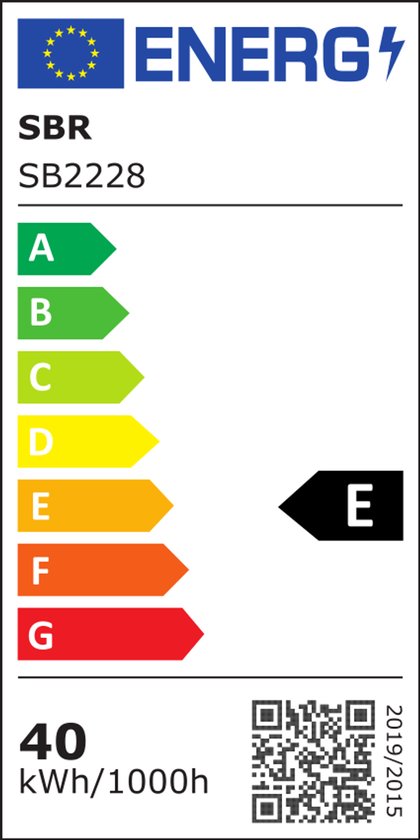 Energie-etiket klasse E voor SBR SB2228 lampen, 40 kWh/1000h.