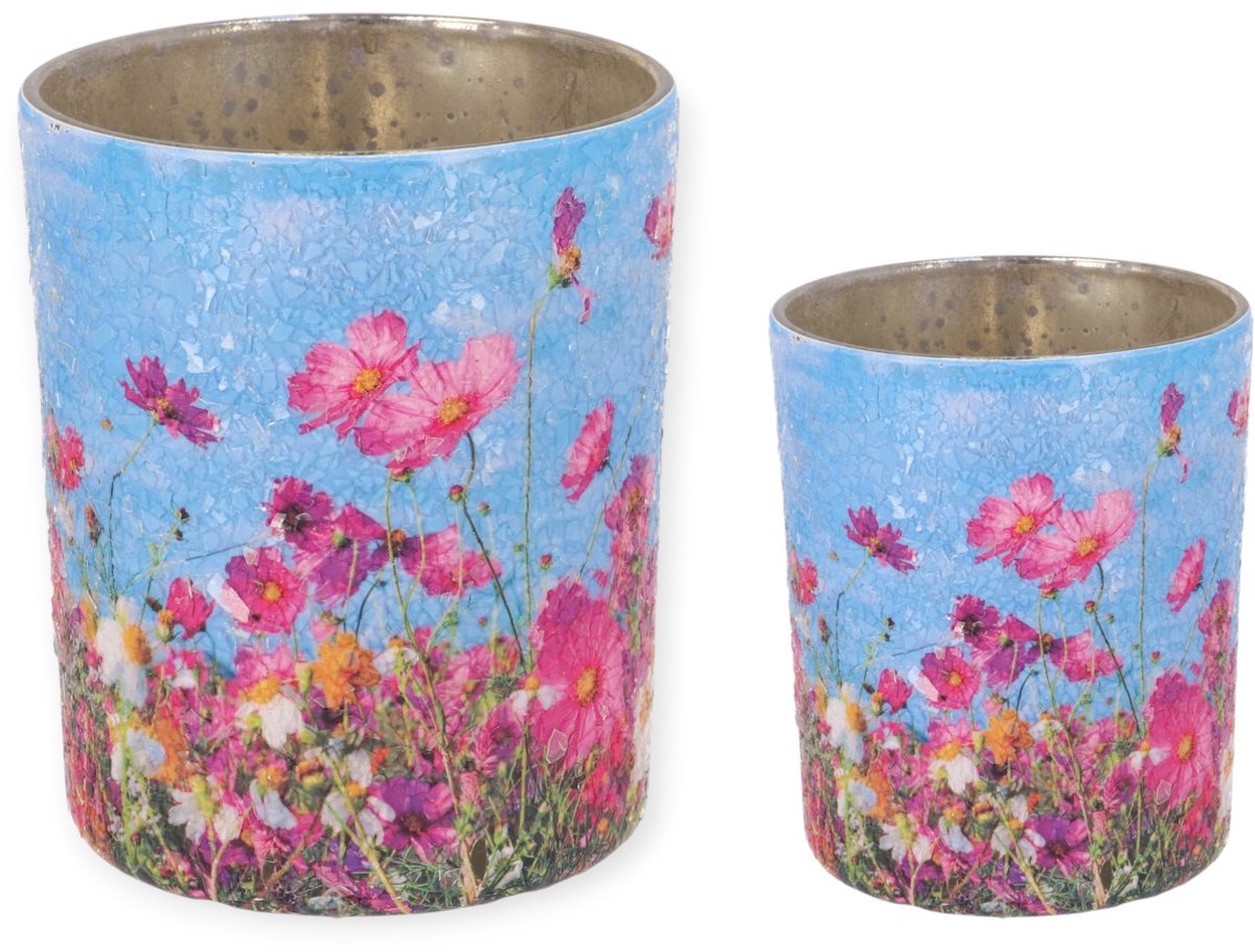 Daan Kromhout - Waxinelichthouders -Set van 2 - Glasmozaïek - Bloemenprint - 10x12 en 8x9 cm - Windlichten