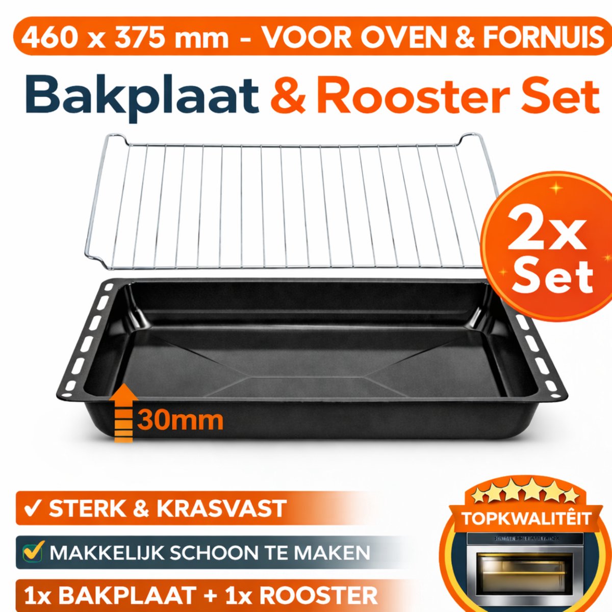 ICQN Bakplaat en Rooster Set voor Oven - 460x370x30 mm