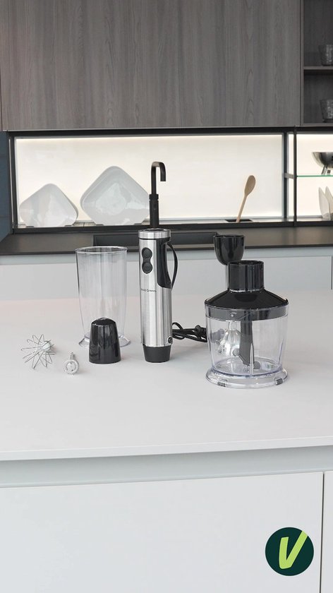 Staafmixer 5-in-1 Set - 1000W - Vaatwasserbestendig - Incl. Hakmolen, garde, melkopschuimer & Maatbeker - 12 Snelheden + Turbofunctie - RVS - Vivid Green