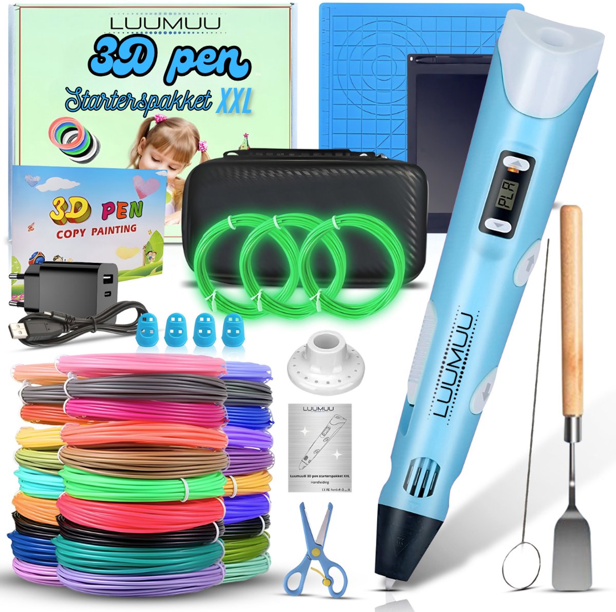 Luumuu® 3D Pen Starterspakket XXL- 3D Tekenen - Incl. 200m Filament Vullingen - Glow In The Dark - Tekenmat - Sjablonen Boek - Tekentablet - 3D Printing Pen Blauw - Voor Kinderen - Complete Set