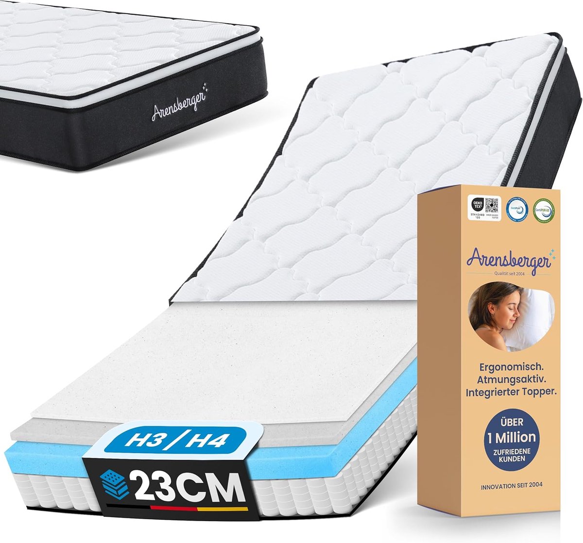 Arensberger Pocketveren Matras EMILIA – 90cm x 200cm x 23cm – 7-Zones Ergonomisch Comfort met Pocketveren en Geavanceerde Ondersteuning voor een Optimale Slaapkwaliteit