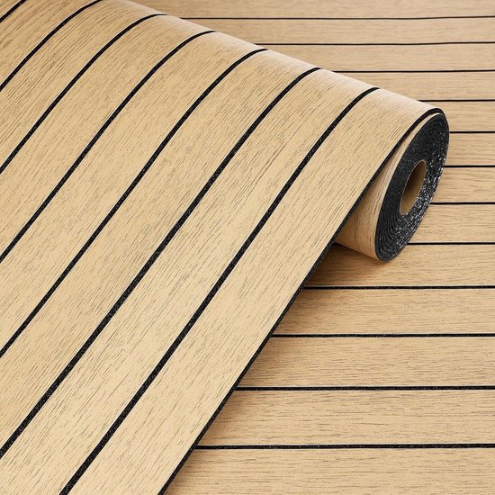 Rouleau de papier peint aspect bois, composé de lattes brun clair avec des lignes noires.