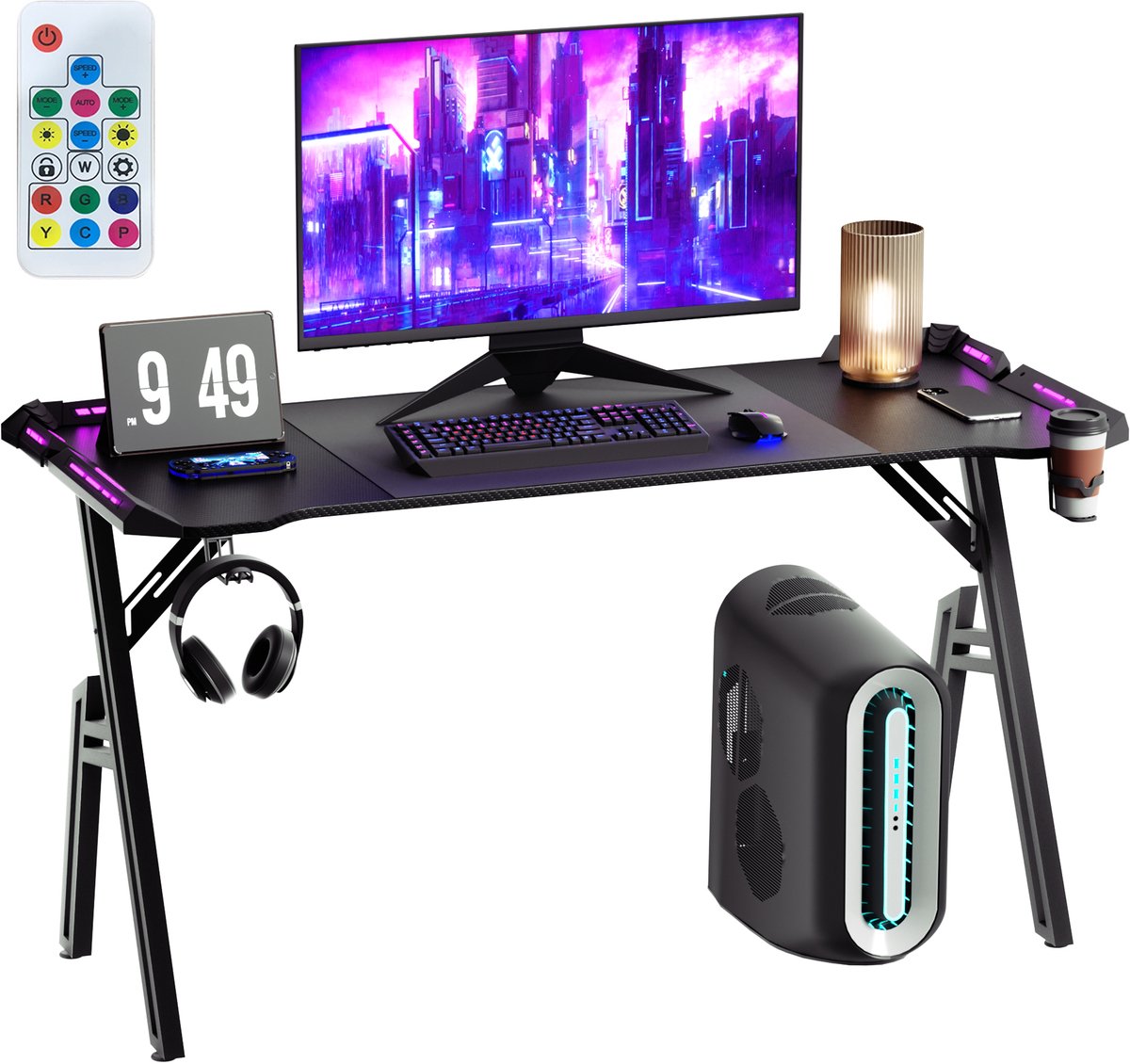 ACXIN Gaming Bureau - Gamer Tafel met RGB LED Verlichting - Ergonomisch Computerbureau met A-vormig Frame, Koptelefoonhaak en Bekerhouder - 60×140×73 cm