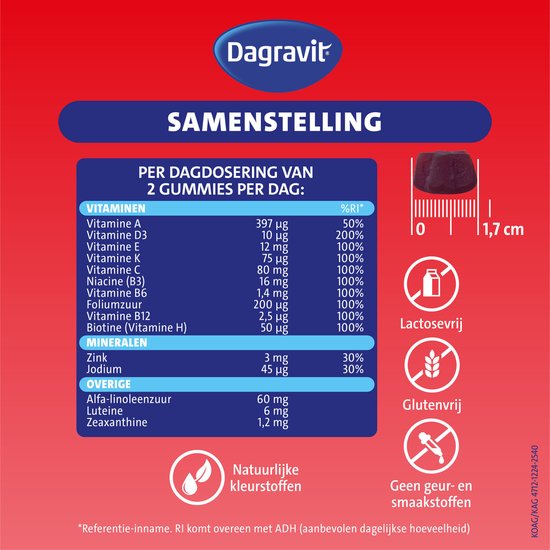 Dagravit Kids Eyes Multivitaminen met oogsupport - Multivitamine met vitaminen en mineralen - Met o.a. vitamine C en vitamine A ( luteïne) - Glutenvrij en lactosevrij - Bessensmaak - Spongebob - Leeftijd 6-12 jaar - 60 gummies