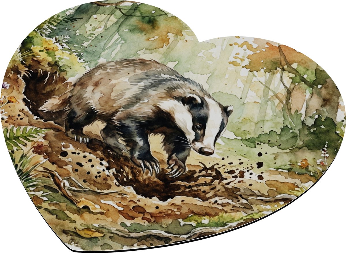 Muismat Hartvorm Das - Schattige Das Graven in het Bos - Aquarel Series - Bosdieren & Natuur Kunst - Rustiek Bureau Accessoire - Origineel Cadeau voor haar: Vriendin & Collega - Handgeschilderde Look - Herfst Bosgrond Design - Unieke Hartvorm