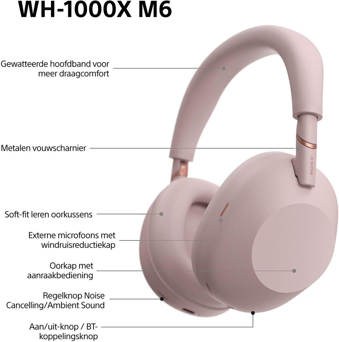 Sony WH-1000XM6 - Draadloze koptelefoon met Noise Cancelling - Roze — afbeelding 4