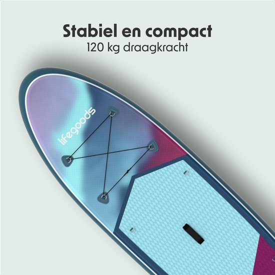 LifeGoods SUP Board Allround Compact - met Zitje - 120 KG Draagkracht - 300 x 76 cm - Opblaasbaar - Compleet SUP pakket - Blauw/Paars