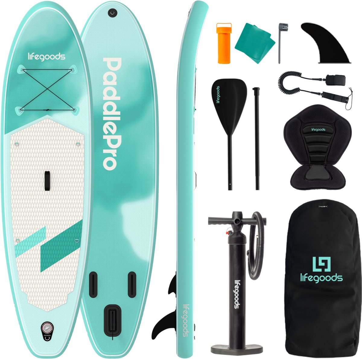 LifeGoods SUP Board Allround Compact - met Zitje - 100 KG Draagkracht - 300 x 76 cm - Opblaasbaar - Compleet SUP pakket - Mintgroen