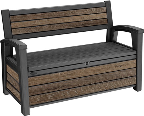 Donkerbruine opbergbank met houten plankdetails op de zijkanten en rugleuning.