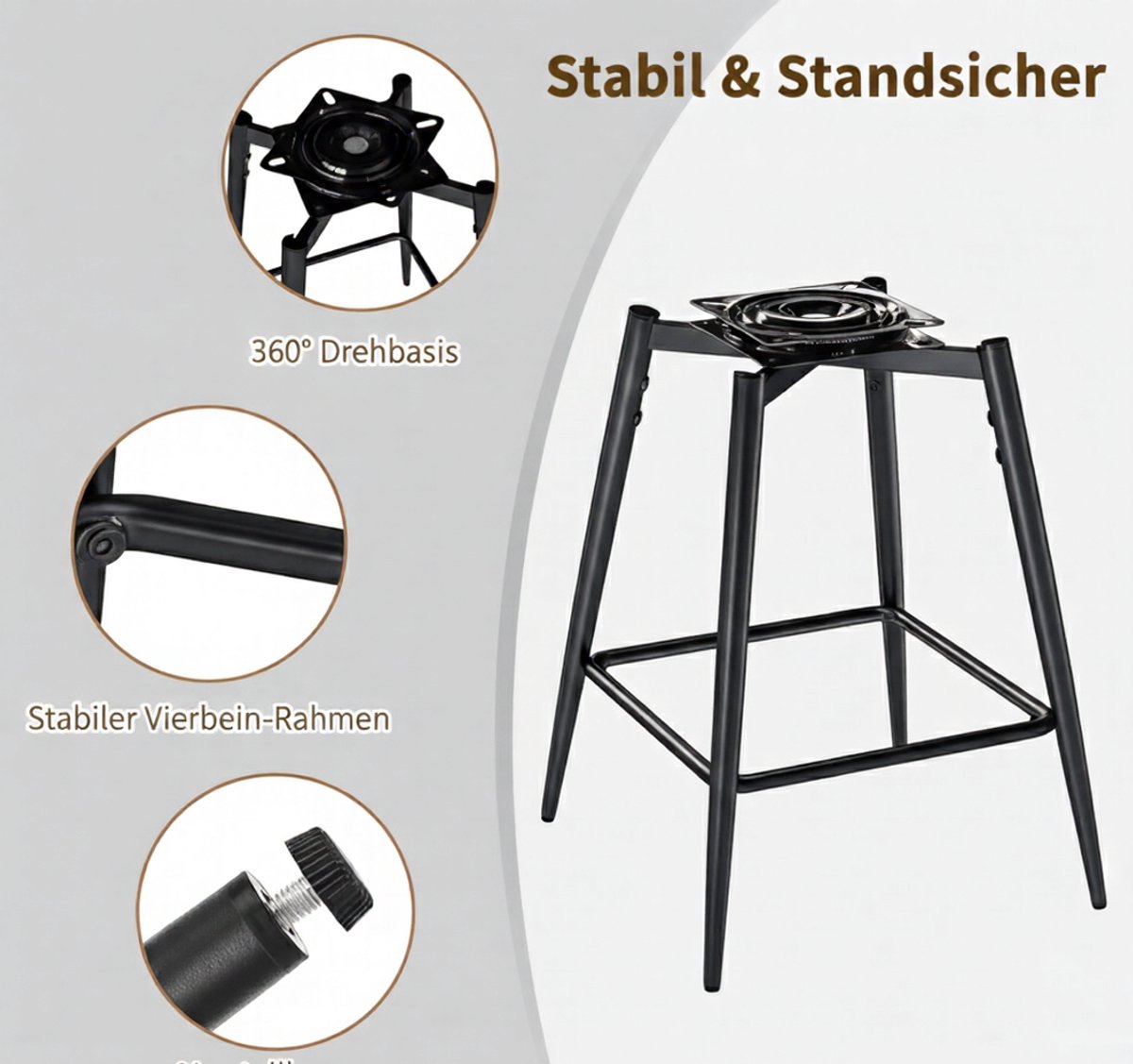 Barkruk 2-delige set 65 cm – House&Garden Mokka draaibare barstoelen met stoffen zitting, ergonomische rugleuning, metalen frame, stevige voetsteun voor keuken, bar en woonkamer