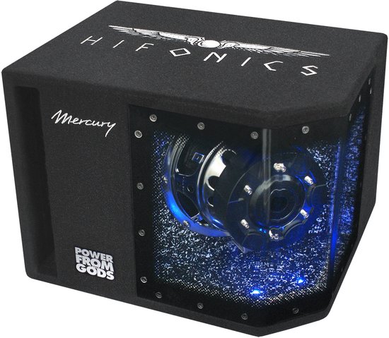 Zwarte Hifonics Mercury subwoofer met zichtbare speaker. 'Power From Gods' logo aan de voorkant. Hifonics logo op de bovenkant. Blauwe LED-verlichting.