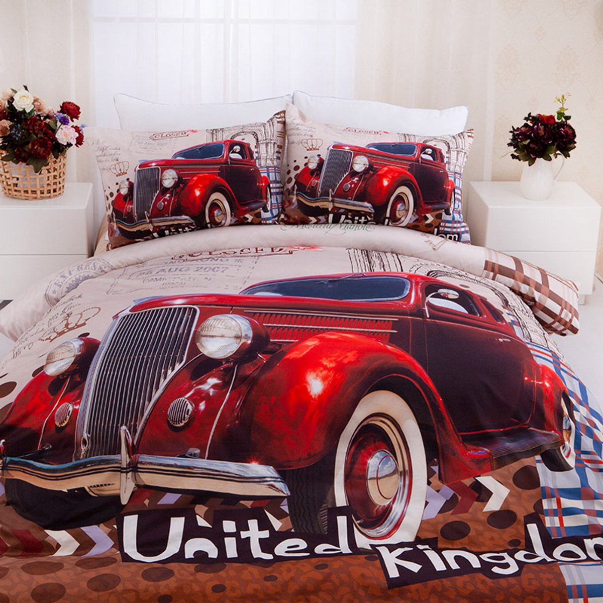 Retro Auto-beddengoedset 140x200 cm - 100% katoen