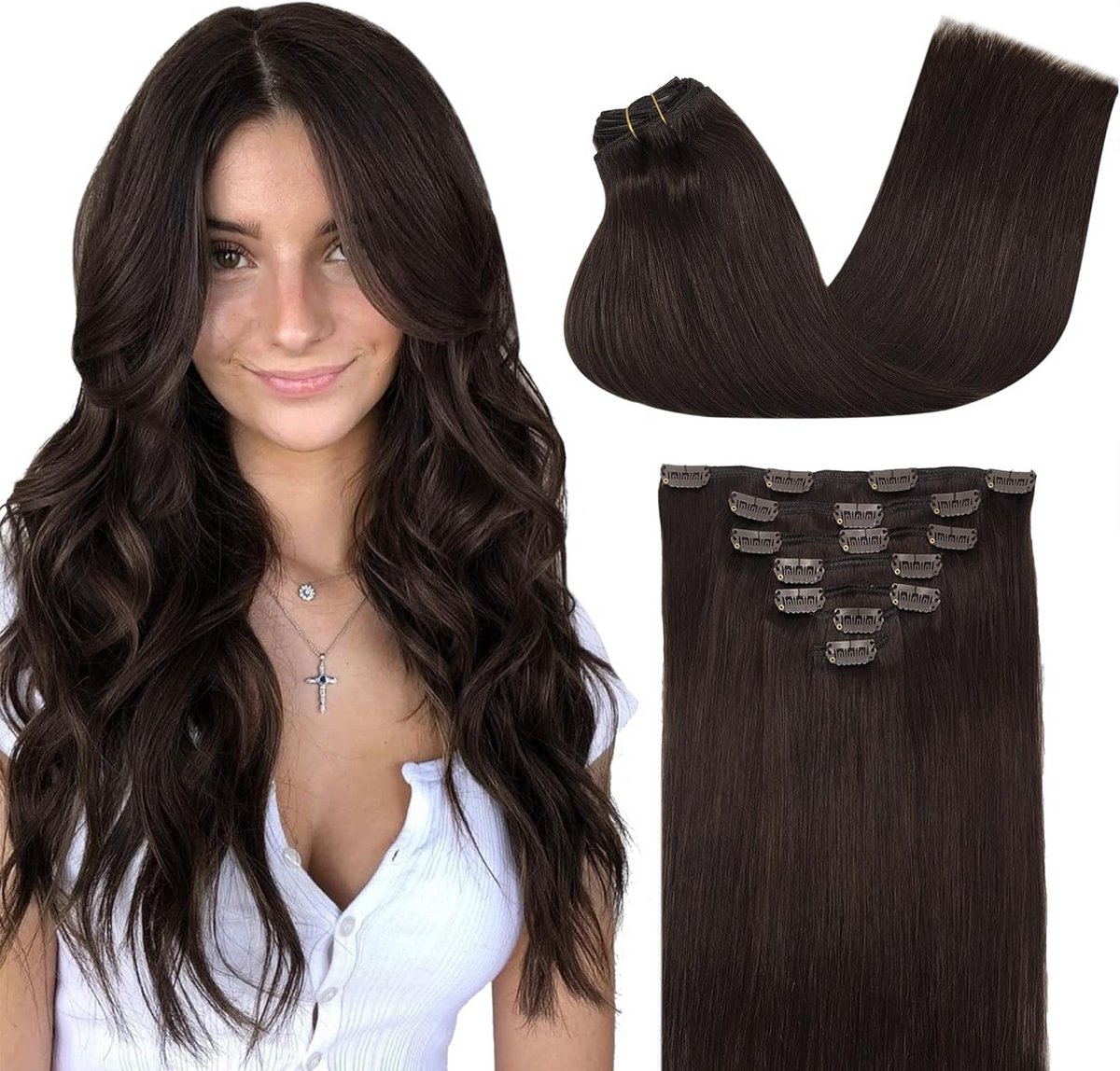 Clip-In Extensions Menselijk Haar 50 cm Recht Lichtbruin 7 Delen