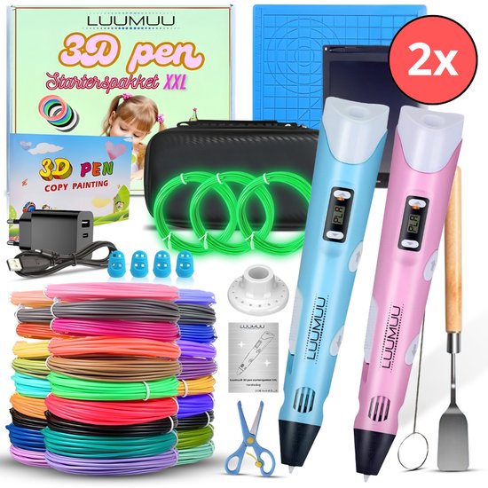 Een complete Luumuu 3D Pen Starterspakket XXL met roze en blauwe pennen, veel filament, tekenmat, tablet, case en accessoires. Tekst: 2x.