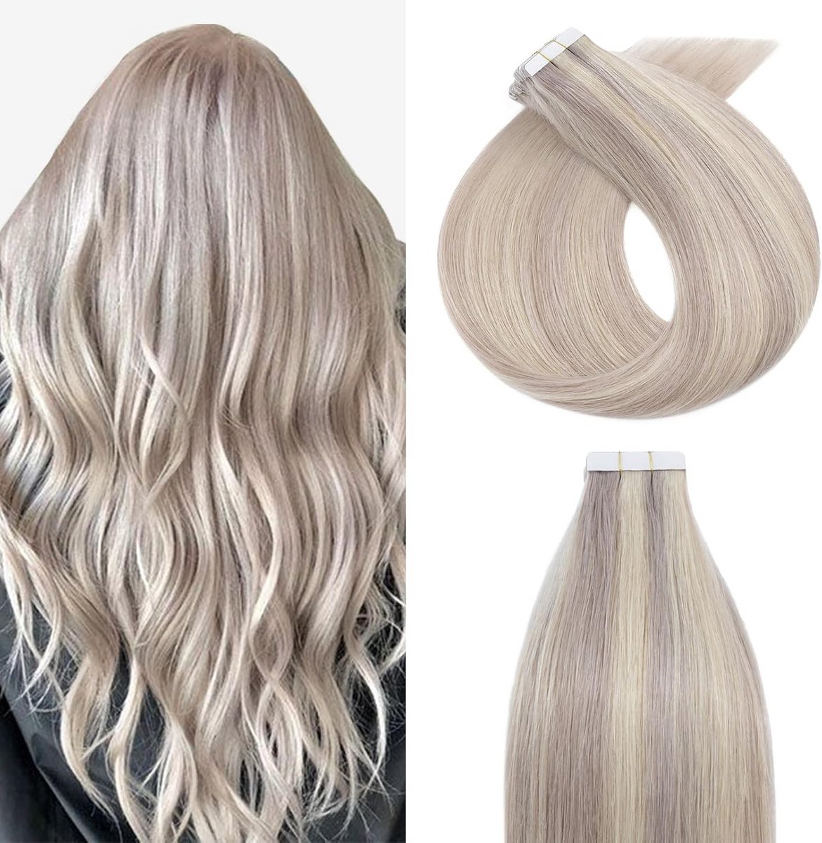 Lange Echte Haarverlengingen met Plakstrips 55 cm - Platinablond Grijs