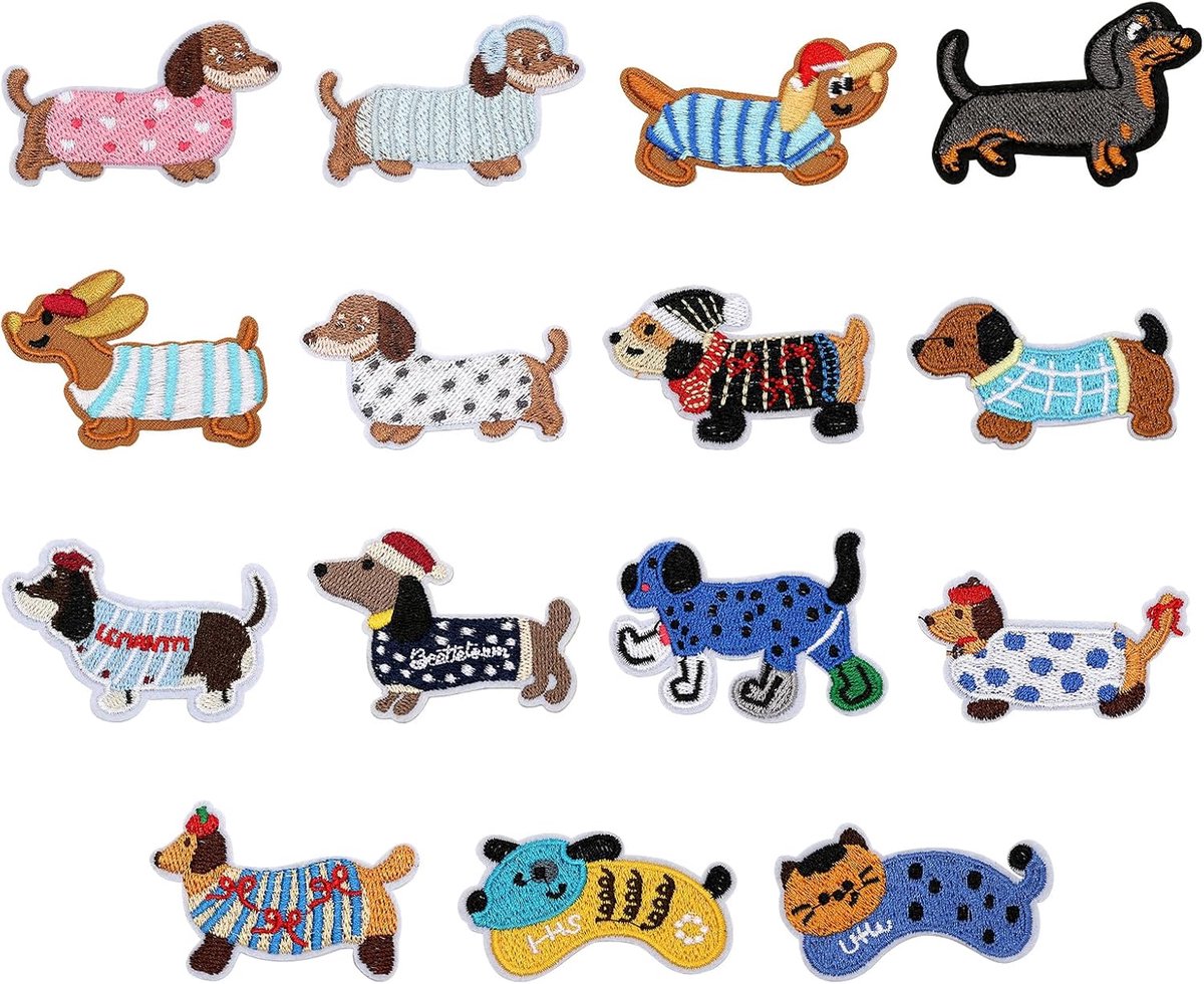 Kraftverdia - 15 delige set Mooie patches - Diverse collectie - Kleding Patches - Patches - Strijk Embleem - stof & strijk applicatie - Versiering Voor Kleding - Puppy patroon