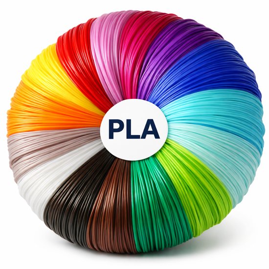 Een cirkelvormig regenboogpatroon van PLA-filamenten, met het woord 'PLA' in een witte cirkel in het midden.
