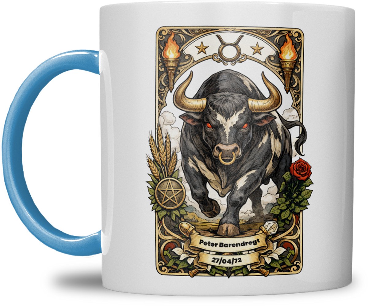Sterrenbeeld mok - Stier - Licht Blauw - Tarot mok - Gepersonaliseerd met naam en datum