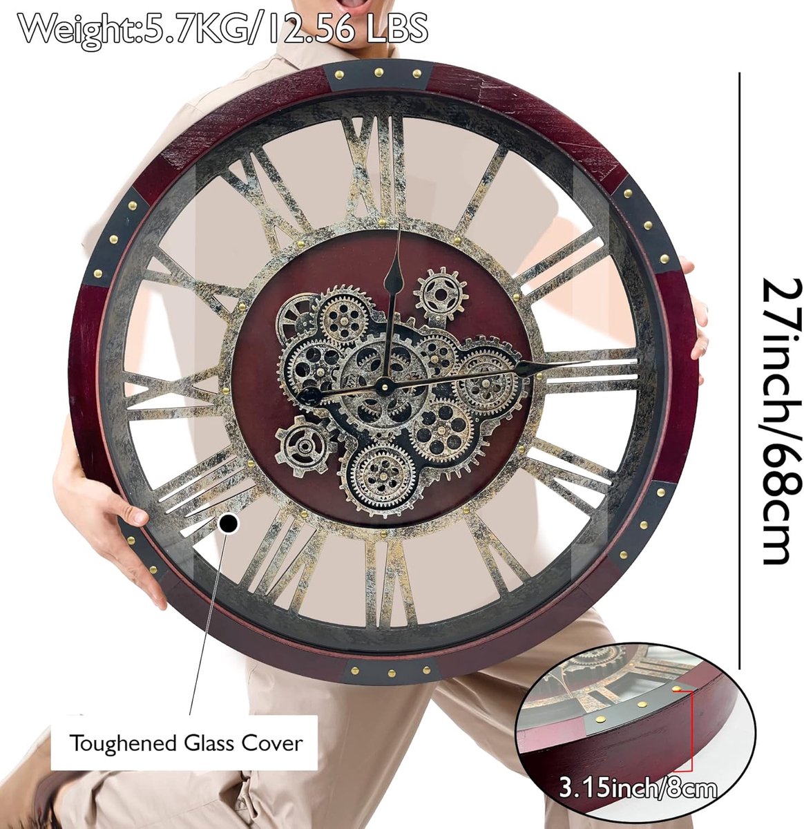 Wandklok 68 cm met Bewegende Tandwielen – Grote Industriële Vintage Wandklok XXL – Stil Quartz – Massief Hout & Metaal – Steampunk Decoratie – Afmetingen op aanvraag – Pauwhome — cadeau in Wonen & Interieur - foto 4
