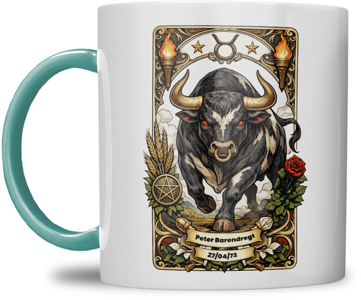 Sterrenbeeld mok - Stier - Zeegroen Blauw - Tarot mok - Gepersonaliseerd met naam en datum