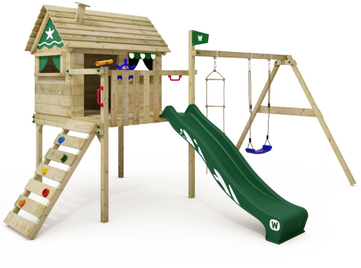 Wickey Smart Travel Speeltoestel - Schommel en Touwladder met Glijbaan - Speelhuis met Houten Dak - 473x377x268 cm - Groen