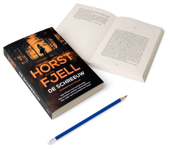 Boek "De schreeuw" met omslag van vrouw in bos, geopend met potlood.