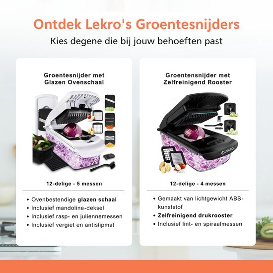 Witte en paarse groentesnijder met glazen schaal, 12-delig, 5 messen.