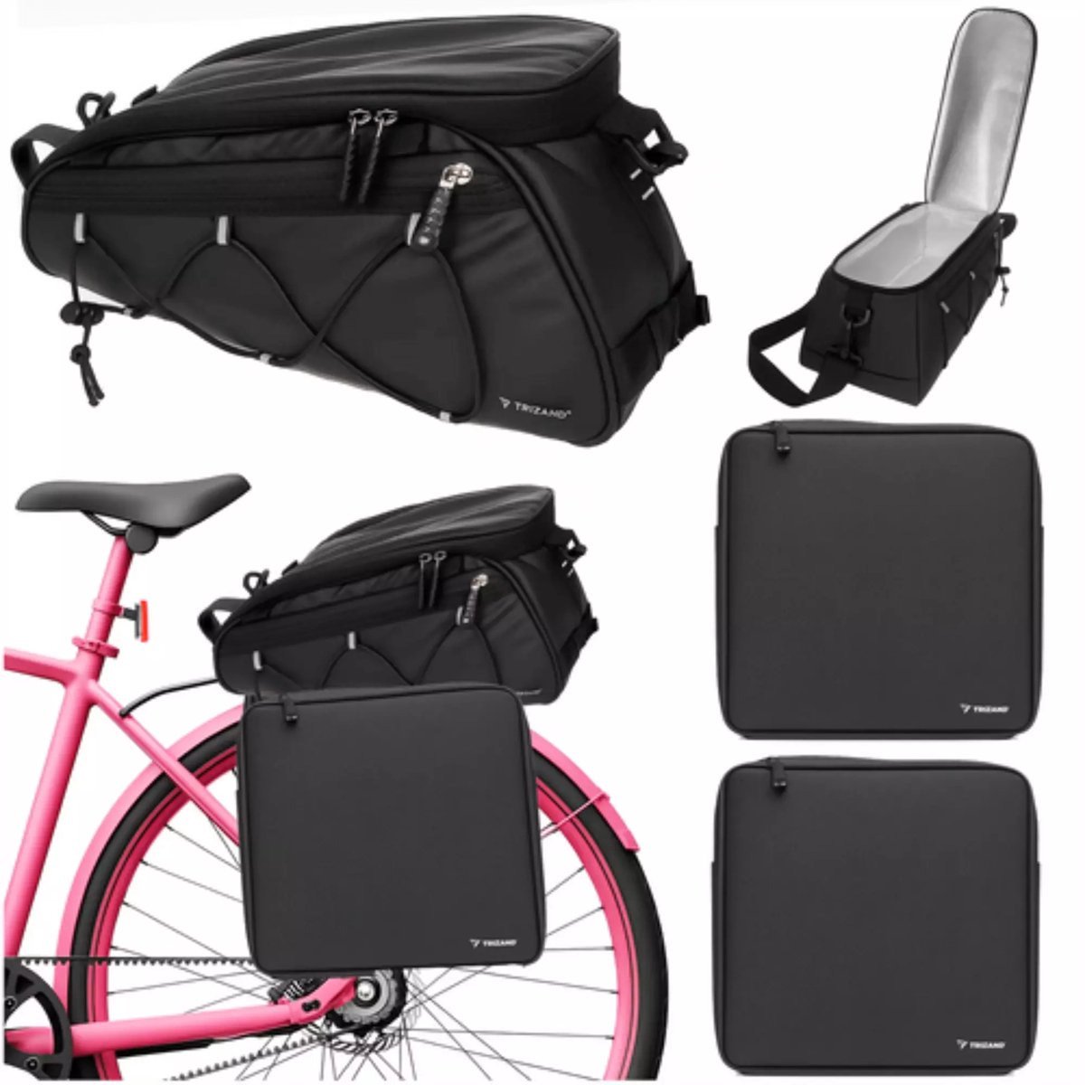 Trizand Fietstas - bagagedrager - 3-vaks - waterdicht - zwart - 16 liter - fietstas