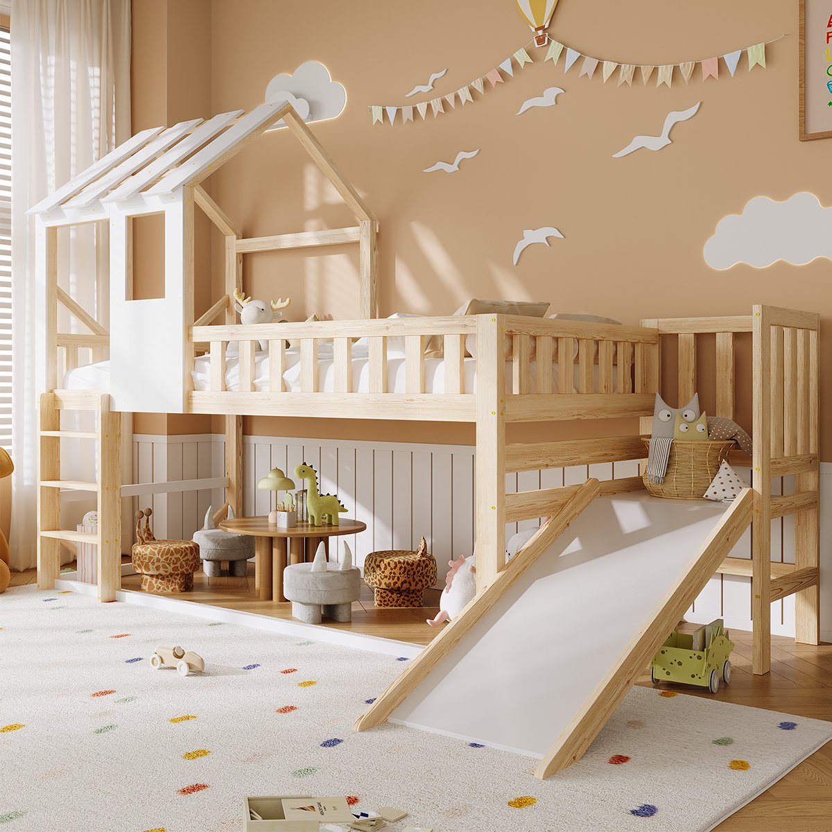 Mihtrov Stapelbed 90x190 cm - Kinderstapelbed - Hoogbed voor Kinderen - Huisbed met Verticale Ladder En Glijbaan - Massief Hout - Met Valbeveiliging - Huisjesstijl met ramen - Veiligheid En Comfort - Excl. Matras - Natuurlijk + Wit Wit - Eenpersoonsbed