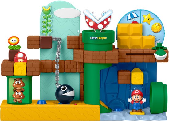 Fisher-Price Little People Mario's Adventure Playset met Mario, Piranha Plant, Chain Chomp en Goomba's.