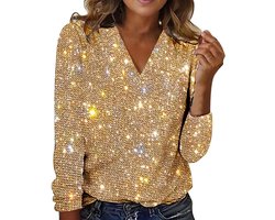 Glitterende Dames Blouse met V-Hals en Lange Mouwen – Feestelijk Shirt