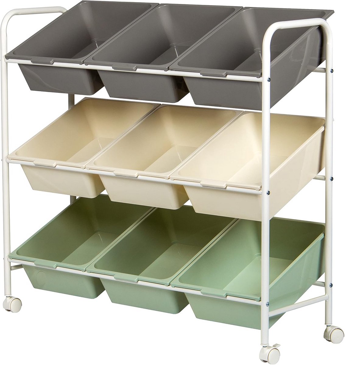 Multifunctionele opbergrolwagen met 9 uitneembare bakken, wit stalen frame