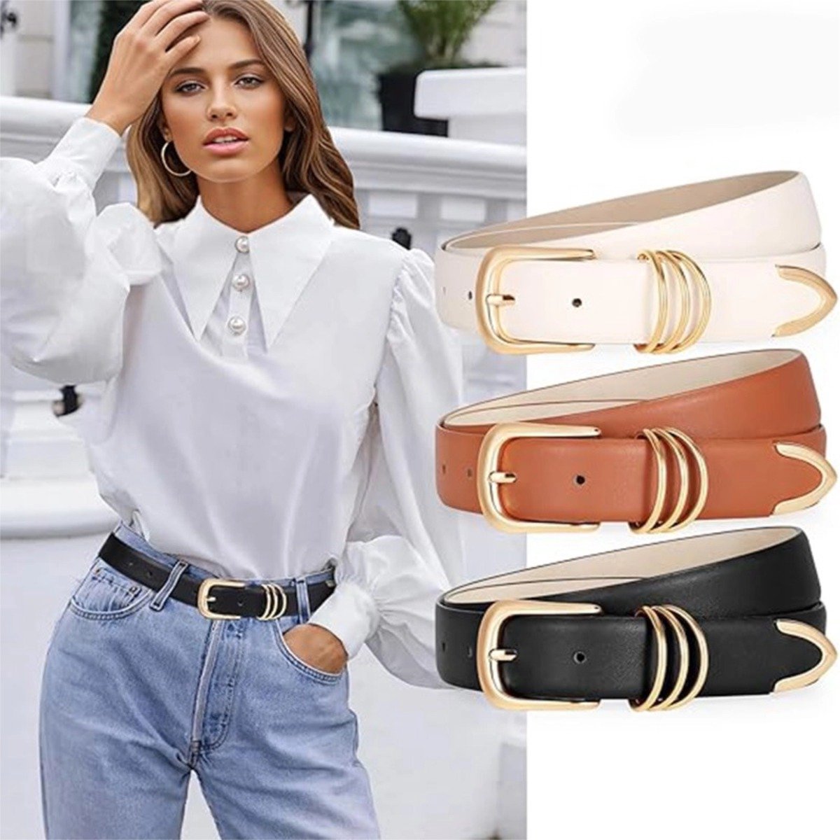 OIMG Damesriemen - 3 Stuks - Riem - W2cmxL120cm - PU - tailleband met 3 D-ring en gouden gesp - Stijlvol retro - voor jeansjurken - Unisex - Gouden gesp - zwart/Beige/Khaki