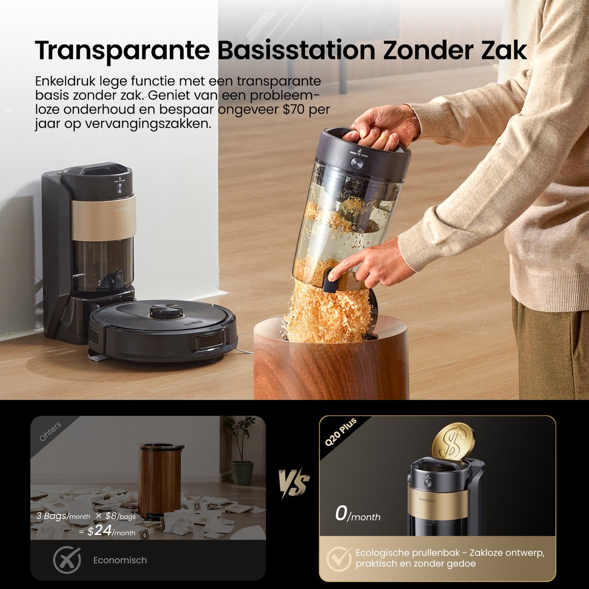 Proscenic QQ20 Plus - Robotstofzuiger met Dweilfunctie - Robotstofzuiger met Reinigingsstation - 12000 Pa Zuigkracht — afbeelding 6