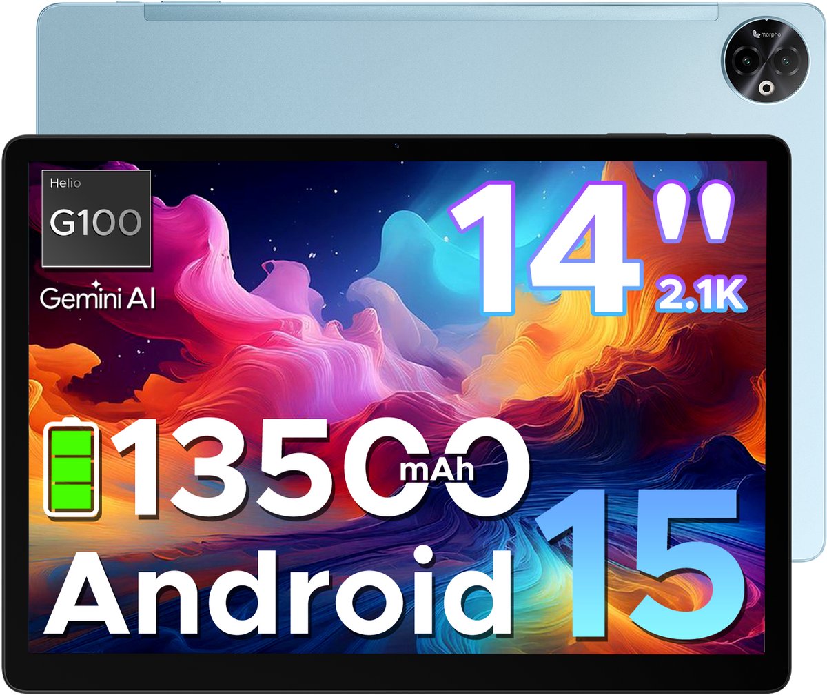 DOOGEE Tab E3 Max - Tablet - 32GB ROM+256GB ROM(2TB TF)- Android 15 - 14 inth IPS - 4G LTE - Gemini AI - Helio G100 - 13500mAh/18W - Quad Speakers - Face ID - 5G Wi-Fi - A GPS - GPS - Blauw