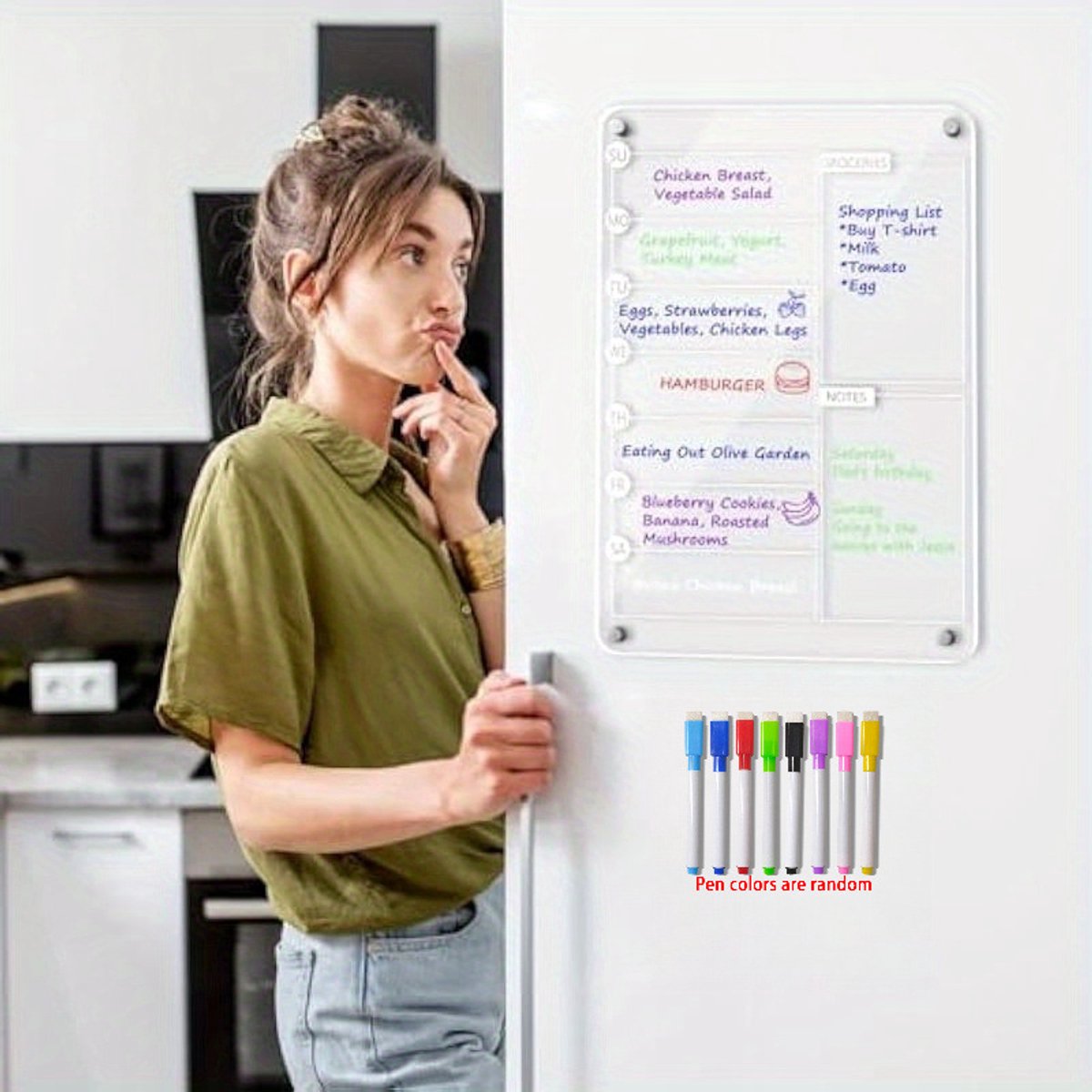 Menubord - inclusief 8 stiften - Maaltijdplanner voor op de koelkast - 30 x 20 cm - Acryl - Magnetisch - Uitwisbaar - Kalender/notitieblok - Kan gebruikt worden voor to-do-lijsten, boodschappenlijsten en klusjes - Transparant — cadeau in Kookcadeaus - foto 7