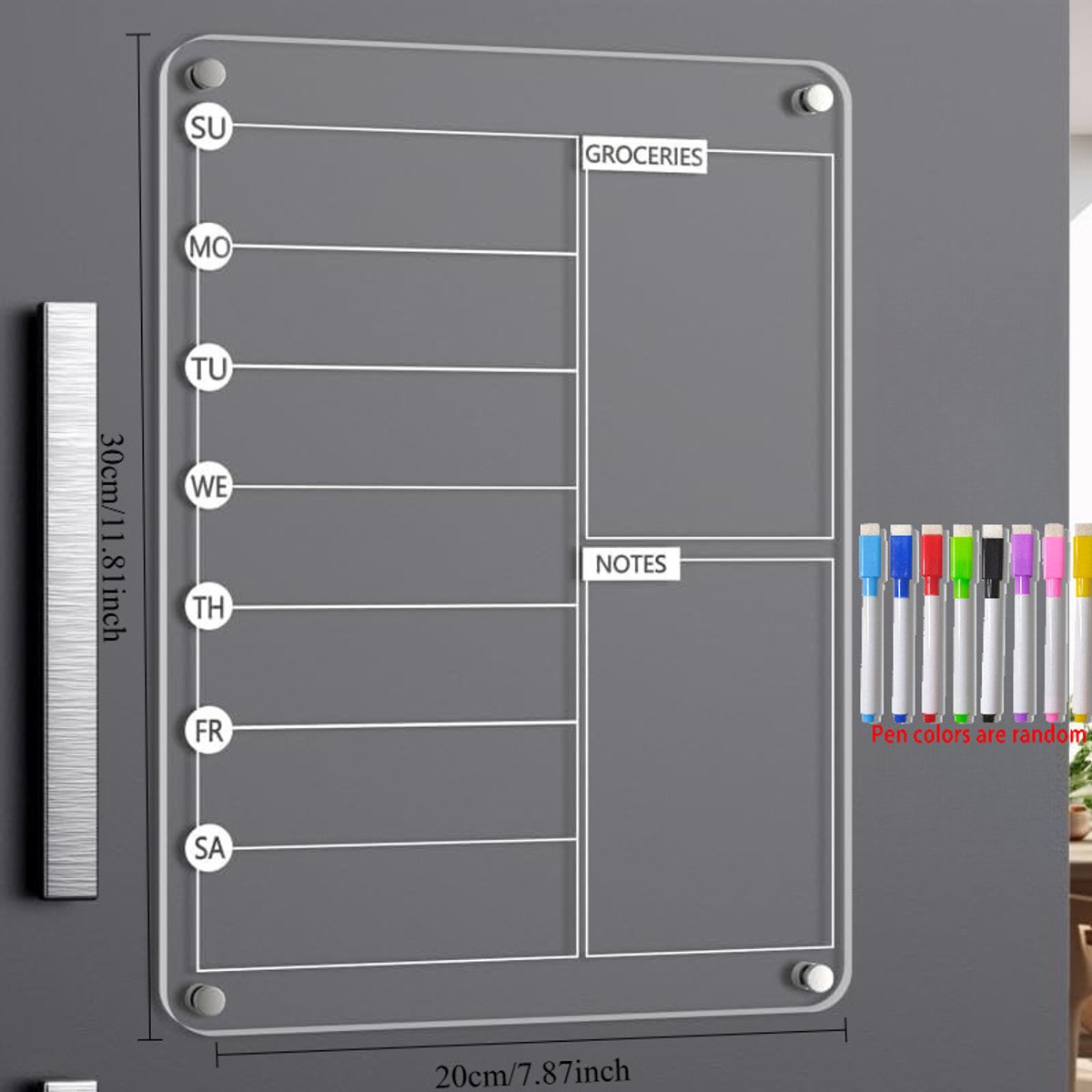 Menubord - inclusief 8 stiften - Maaltijdplanner voor op de koelkast - 30 x 20 cm - Acryl - Magnetisch - Uitwisbaar - Kalender/notitieblok - Kan gebruikt worden voor to-do-lijsten, boodschappenlijsten en klusjes - Transparant — cadeau in Kookcadeaus - foto 5