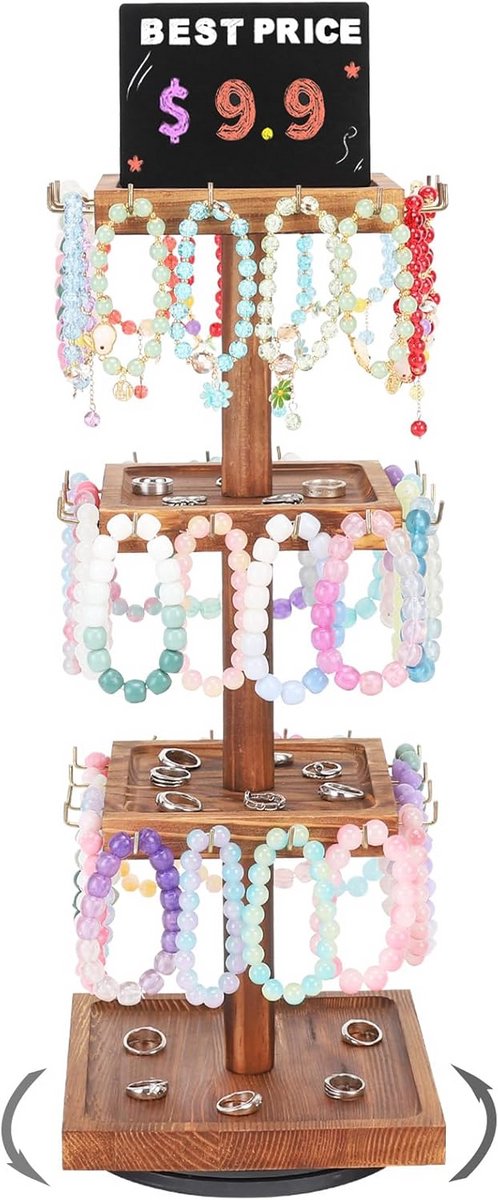 Roterende Armbandhouder Hout - 3 Laags Sieraden Standaard met Reclamebord