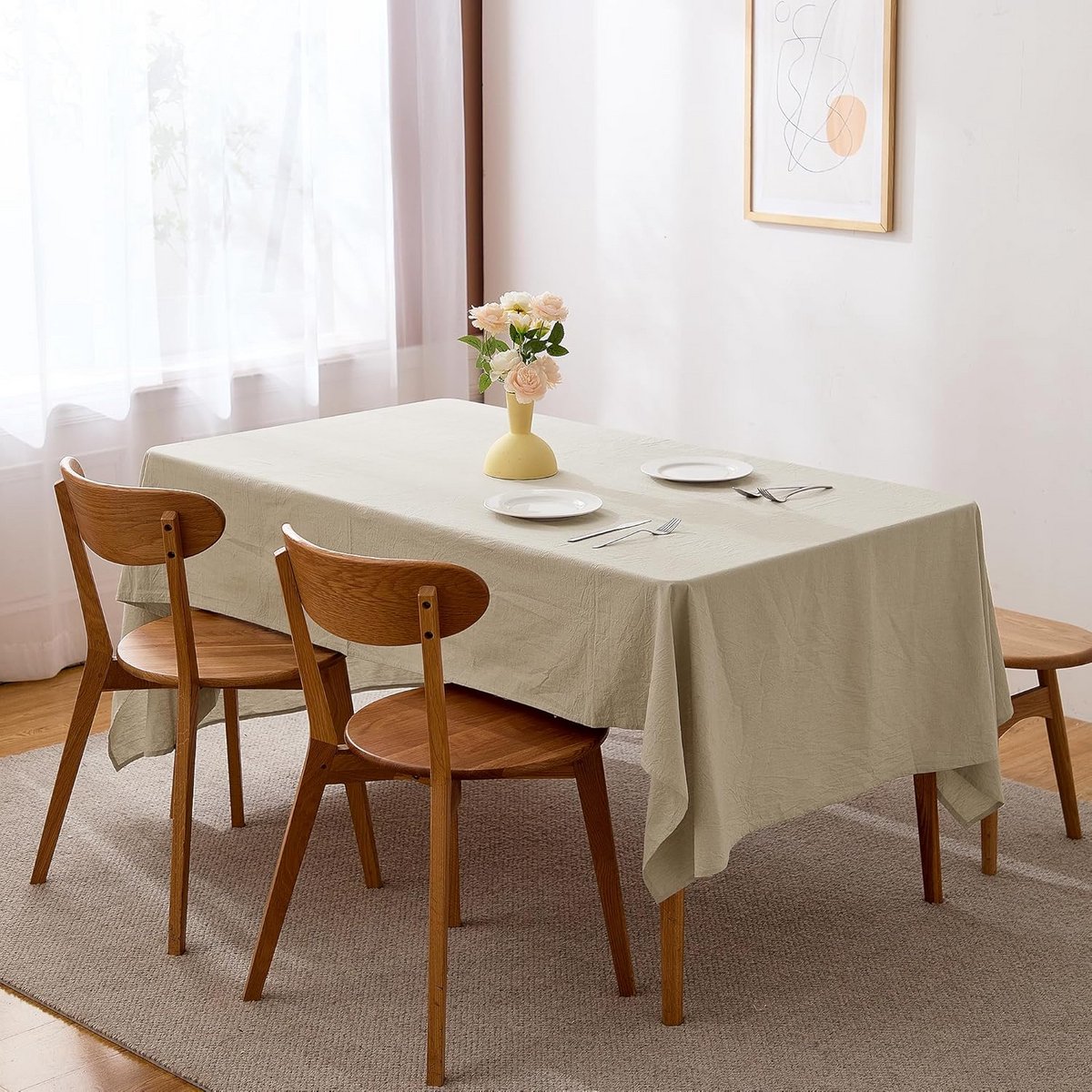 Beige Tafelkleed Rechthoekig 100% Gewassen Katoen Linnenlook 140x140 cm