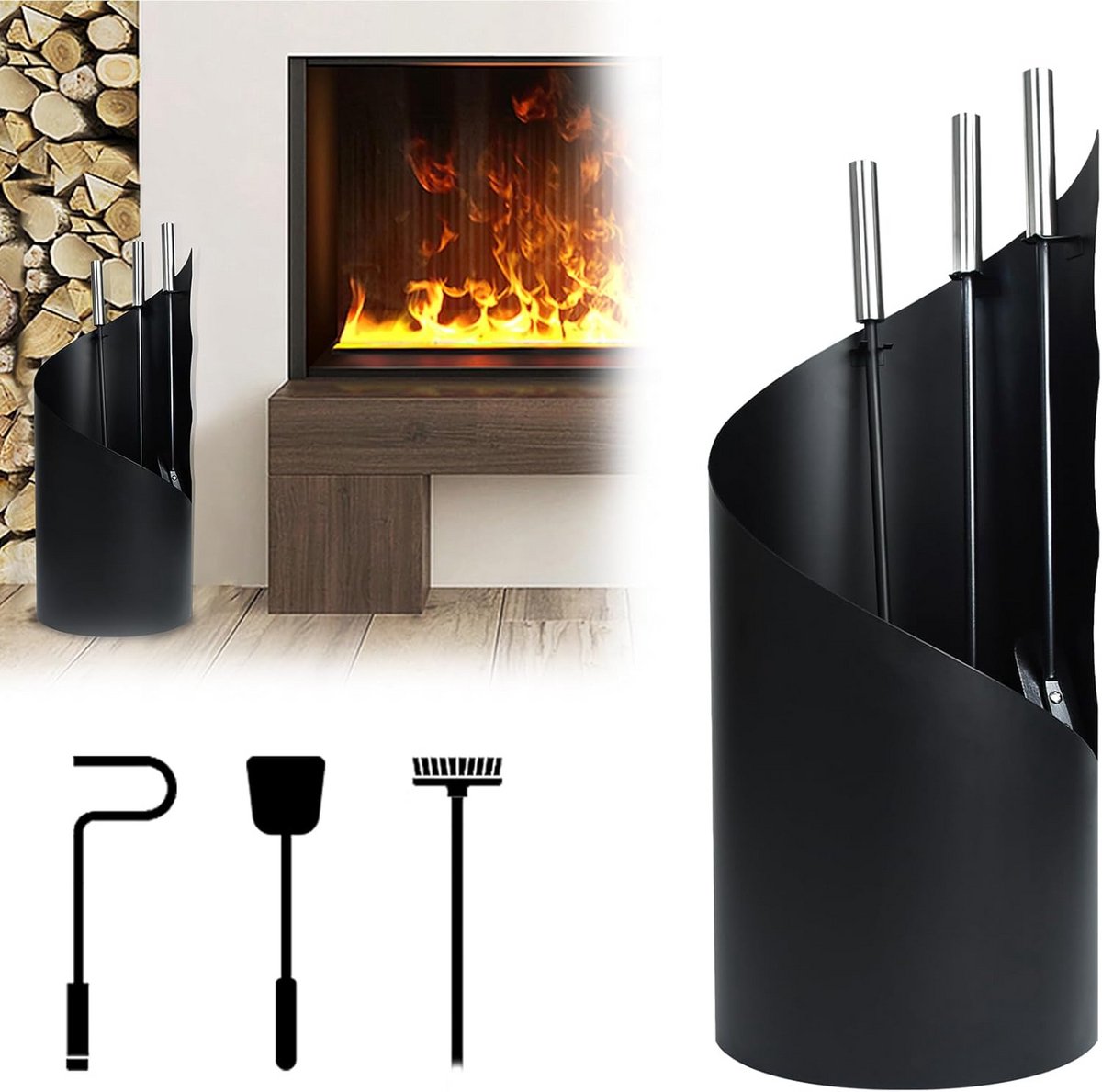 4-Delige Openhaardset Accessoires Zwart & RVS - Modern Haardgereedschap Garnituur