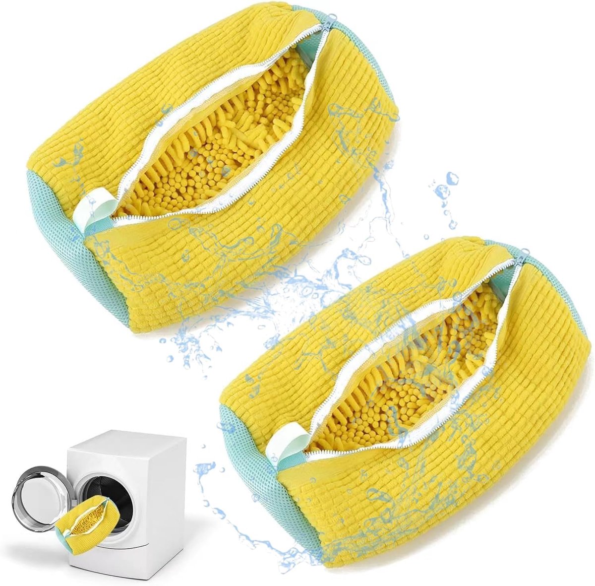 2 stuks schoenentassen voor de wasmachine - Mesh waszak voor sneakers, herbruikbare waszak voor schoenen, verborgen rits, waszak voor sneakers, tennisschoenen en slippers van vezels, geel