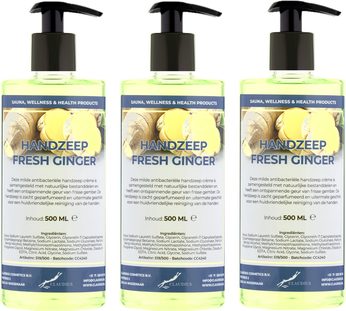 Handzeep Fresh Ginger 500 ml - met gratis pompje - set van 3 stuks