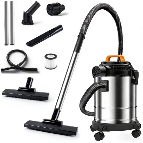 Fuegobird - Electric wet and dry vacuum cleaner - krachtig 2000W - Grote capaciteit 18 L - 5 m cord - Blower connection - 7 accessoires - 1.6 m plastic hose - HEPA filterl - Bouwstofzuiger - RVS zuiger