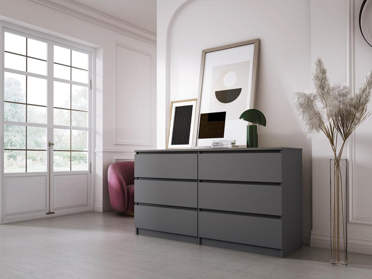 Commode met 6 Laden – Antraciet – 140 x 79 x 39 cm – Moderne Opbergkast voor Slaapkamer, Woonkamer of Kinderkamer – Pauwhome