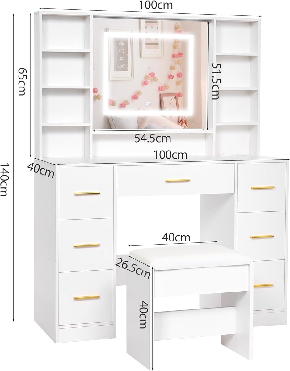 Make-uptafel met LED-verlichting en Stopcontacten 140x100x40 cm – Grote Moderne Witte Kaptafel met Spiegel, 7 Laden, 4 Planken en Kruk – Verstelbaar Licht Warm/Natuurlijk/Koel – Pauwhome