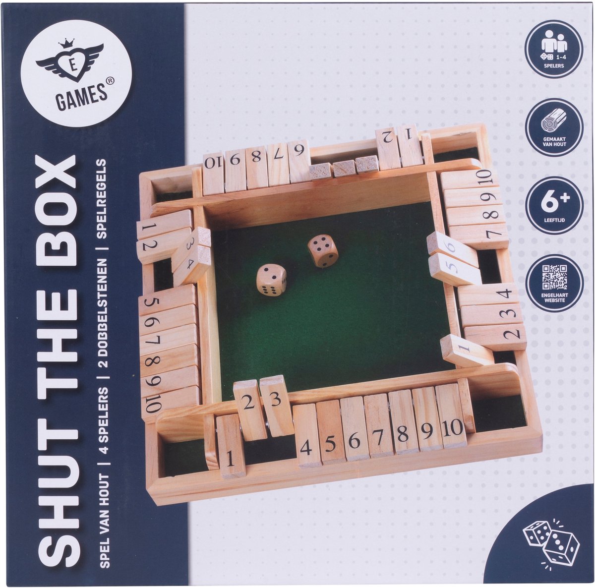 Shut the Box – 4 Spelers – Rubberhouten Bak met Ingelegd Vilt – Inclusief 8 Houten Dobbelstenen – Bordspel 29 x 29 x 3,5 cm – Strategisch Familiespel – Engelhart — afbeelding 4