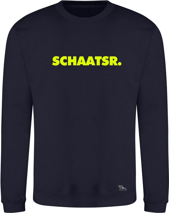 Donkerblauwe trui met gele tekst "SCHAATSR." en een klein logo onderaan.