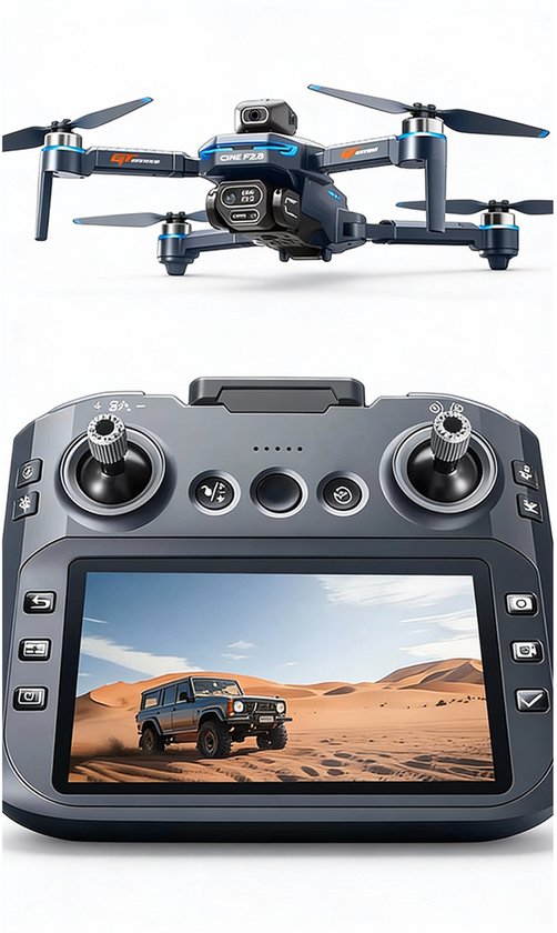 Boven: een blauwe en zwarte drone. Beneden: een grijze controller met een scherm waarop een jeep in de woestijn te zien is.