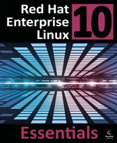 Boekomslag Red Hat Enterprise Linux 10 Essentials met abstracte blauwe en roze lijnen.
